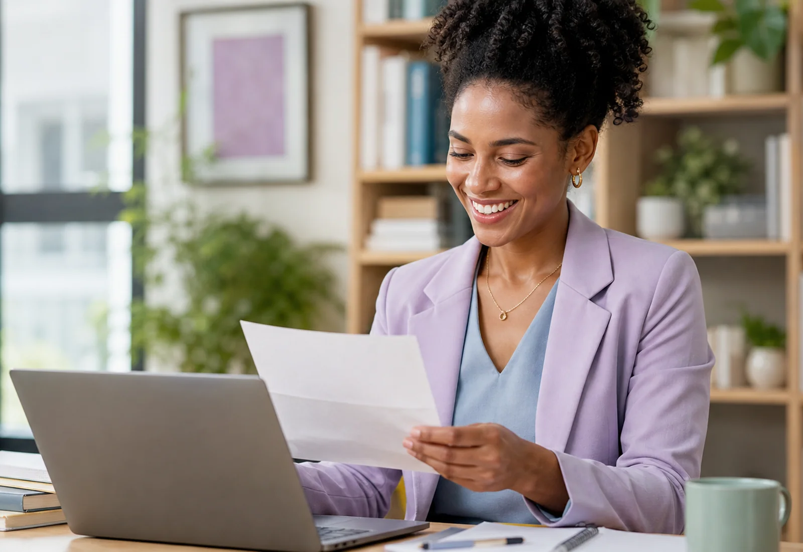A researcher smiling as she reads good news beside her laptop