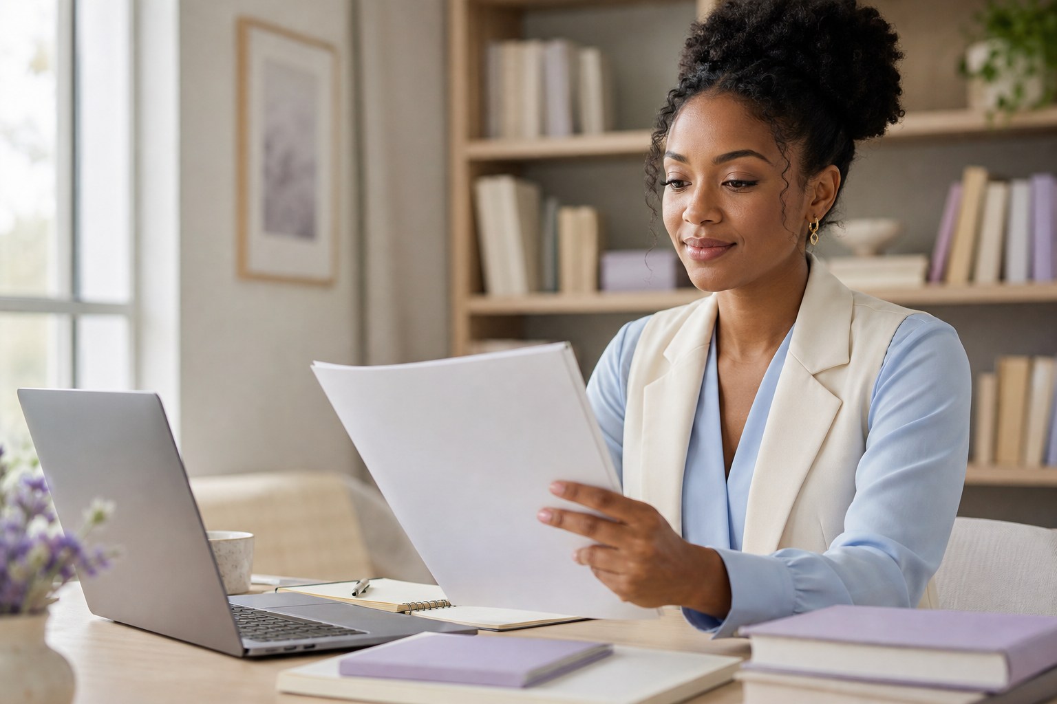Researcher reviewing the final pages of a completed manuscript beside her laptop