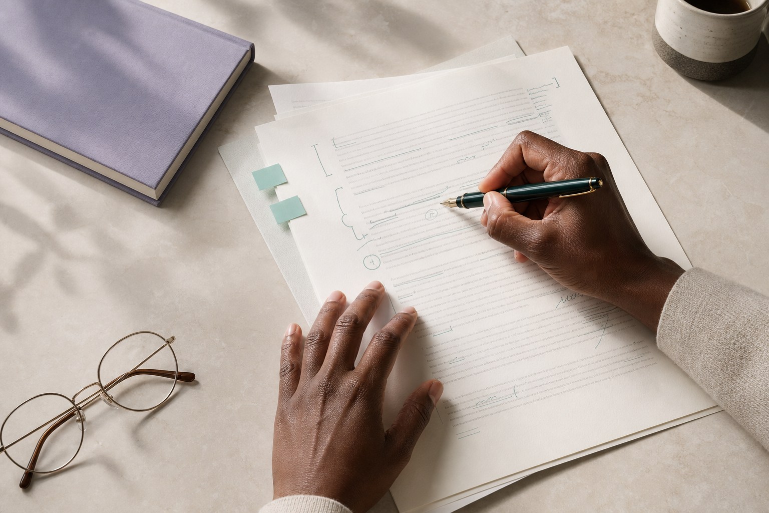 Academic professional carefully annotating a research manuscript