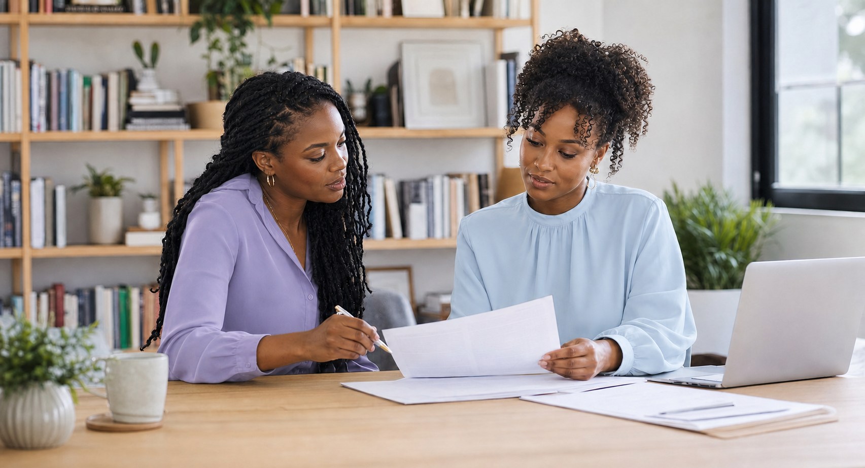 Researcher and academic consultant reviewing a manuscript together