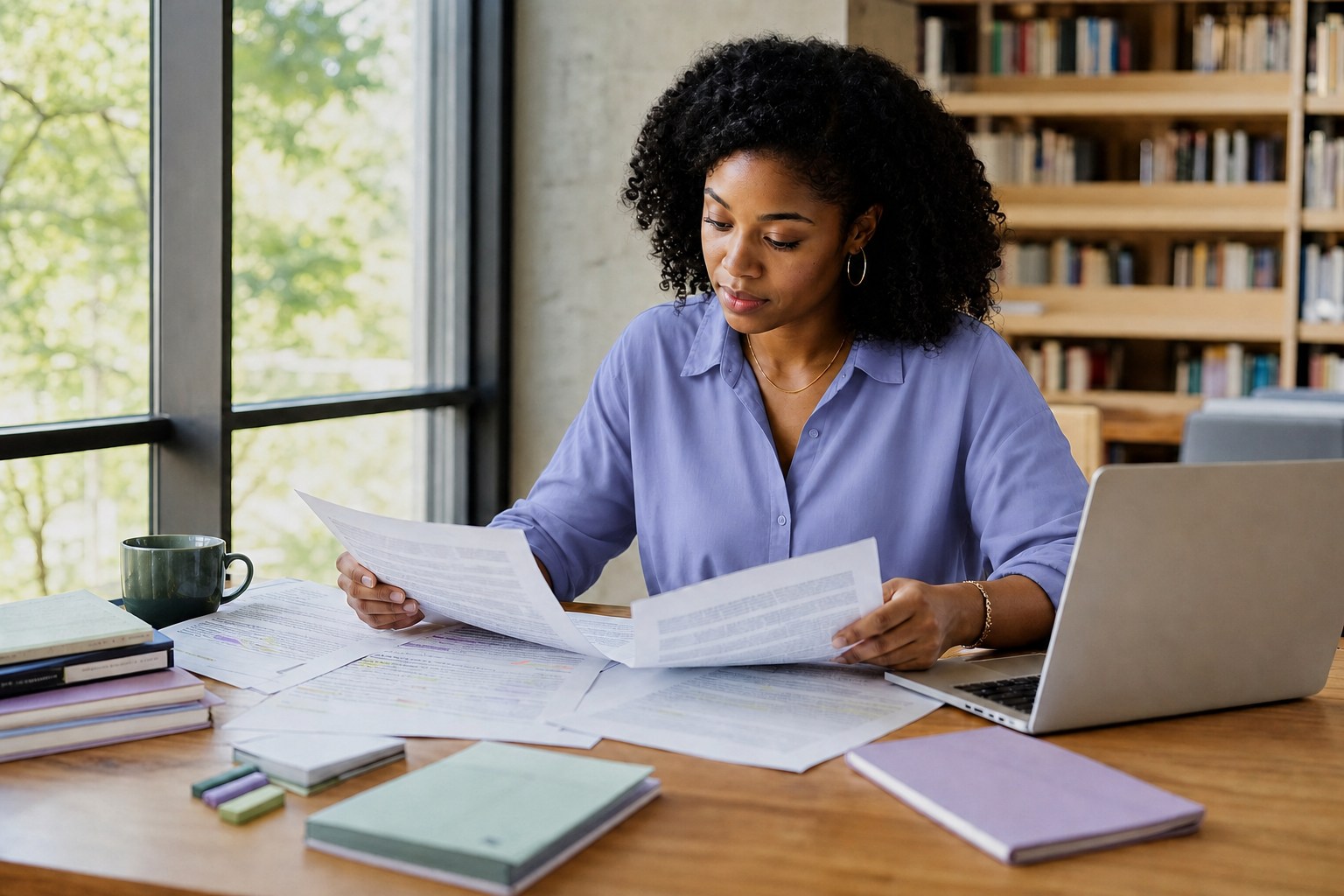 Researcher independently reviewing journal proofs and revision notes